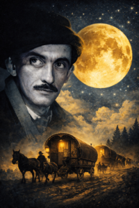 Grafika przedstawiająca portret Jerzego Ficowskiego na tle nocnego nieba z pełnią księżyca oraz tabor romskich wozów jadących leśną drogą.