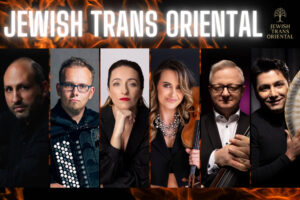 Napis Jewish Trans Oriental poniżej kolaż 4 zdjęć: Meżczyzna a akordeonem, zamyślona kobieta, uśmiechnięta kobieta ze skrzypcami, mężczyzna w smokingu opierający się o gryf kontrabasu/